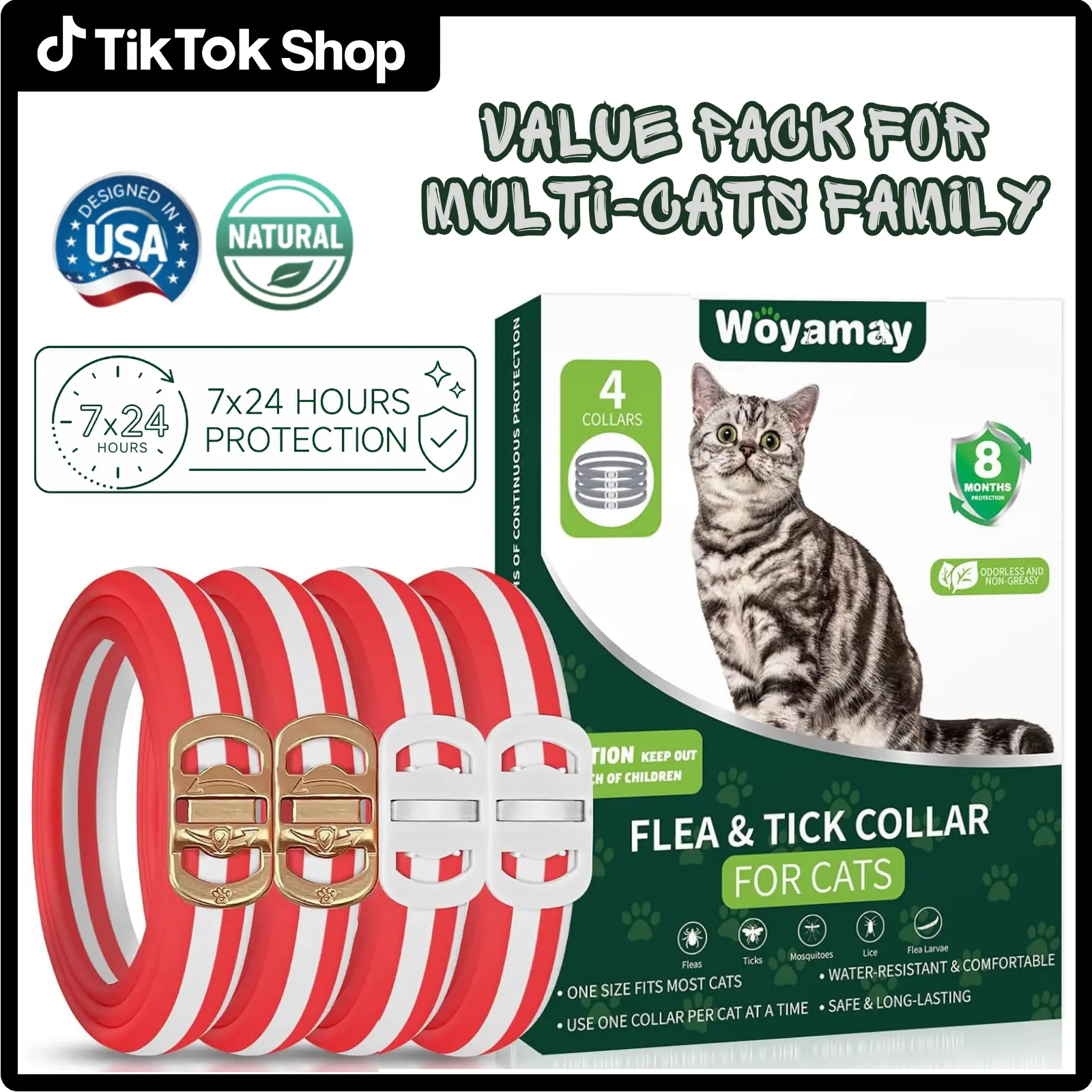 Flea Collars for Cats 4 Packs, 32 Months Flea & Tick Larvae Prevention with Natural Essential Oil for Cats Protection, Waterproof Adjustable Flea and Tick Collar Fits All Sizes Breeds of Cats, Odorless & Non-Greasy