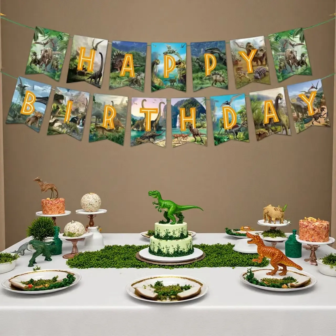 15pcs Dinosaur Party Theme Birthday Party Decoration Set, Indoor Outdoor Background Atmosphere Banner Flag Kit, Party Supplies