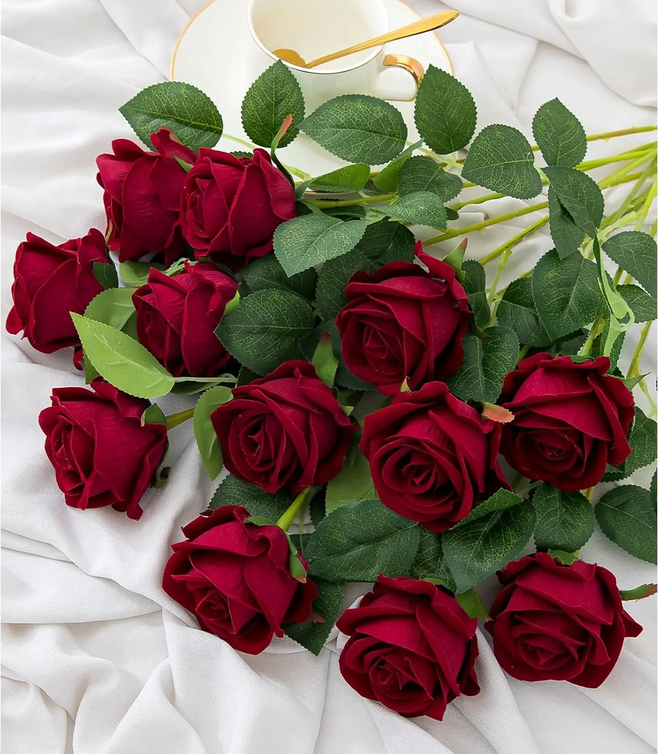 Burgundy Velvet Artificial Roses, Real Touch Fake Roses with Long Bendable Stems, Faux Silk Flowers for Valentine Wedding Bouquet Table Centerpiece Party Home Decor