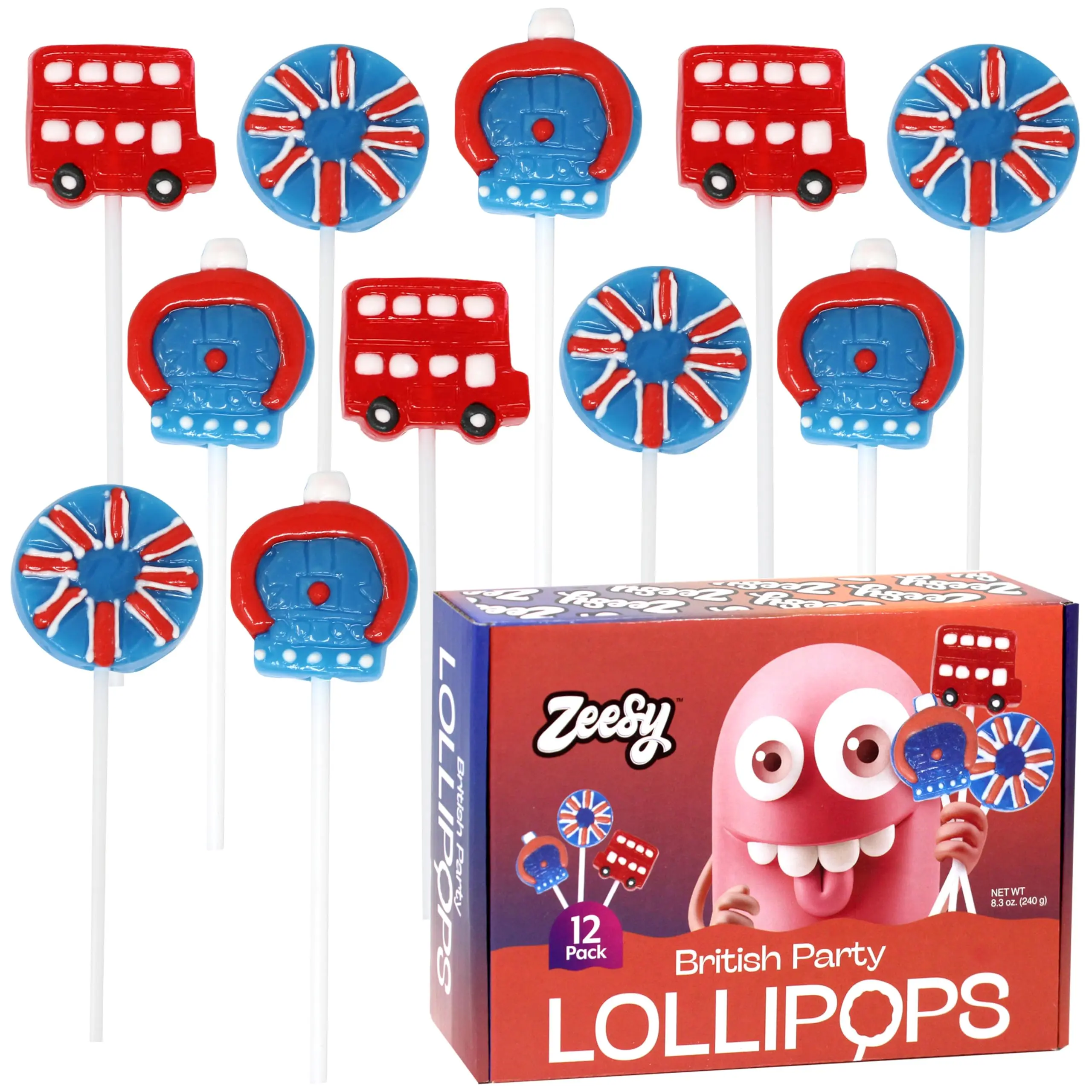 Zeesy British Party Bite-Sized Lollipops - 12 Individually Wrapped UK Snack Candies, Boxed Assortment with Union Jack, Double Decker Bus, Crown Shapes for Royal Parties, Sweet