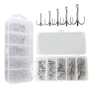 51pcs Fishing Treble Hooks Kit High Carbon Steel Hooks Strong Sharp Round Bend with Split for Lures Baits Saltwater Freshwater Fishing Rings for Lures Baits Treblehooks