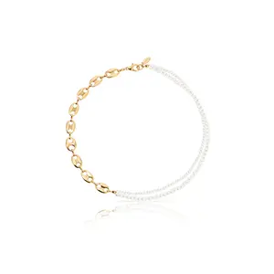 Ettika Meet Me Halfway Pearl and Chain Link Necklace – 18k Gold Plated Brass with Acrylic Pearls & Chunky Chain Design