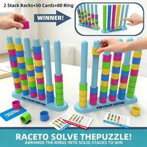 Color Stacking Challenge – Fast-Paced STEM Sorting & Stacking Puzzle for Age 6+, Family Board Game with 2 Racks + 50 Cards + 80 Rings, Brain Teaser for Kids, Tower Stack Game