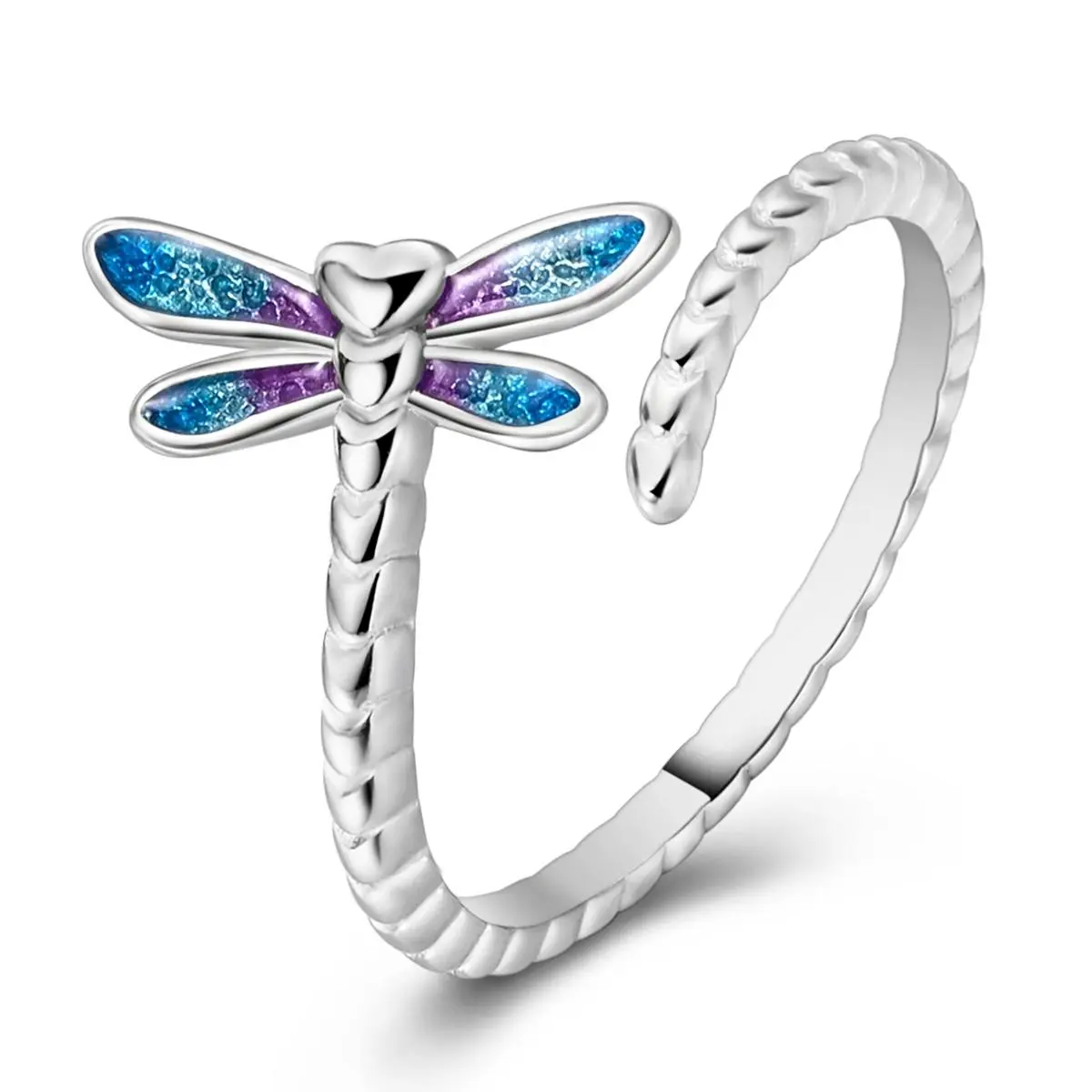 LAZA Aurora Dragonfly Ring for Women, 925 Silver Plated Platinum Open Band, Blue Purple Enamel Wings Wrap Ring, Dainty Nature Luxe Jewelry, Romantic Garden Statement Ring, Gifts for Her Birthday Graduation Anniversary