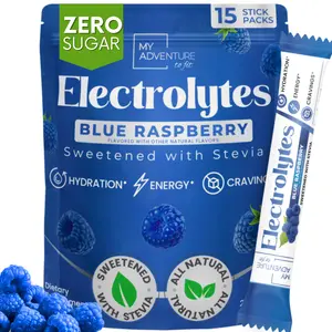 My Adventure to Fit Blue Raspberry Electrolytes Powder 15 Ct. Stick Pack - Zero Sugar - No Artificial Flavors, Colors or Sweeteners  - 2-8X More Potassium - No Salty Taste - Refreshing Hydration - Caffeine Free Energy - Vegan, Keto & Paleo