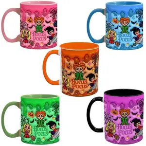 Cute Witch Sisters Halloween Coffee Mug - Spooky Season Halloween Design Colorful Pumpkins And Bats Pattern - HCP5019 Ceramic Drinkware Classic Stylish