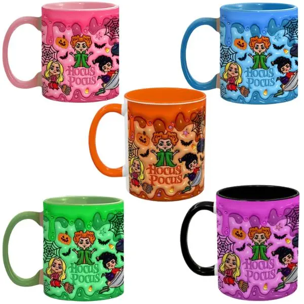 Ceramic Halloween Coffee Mug - Cute Witch Sisters Design, Colorful Pumpkins & Bats Printed Pattern, Beverage Cup, Classic Stylish HCP5019 Kitchenware Ceramic Printed Drinkware