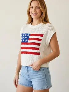 Women's Patriotic American Flag Knit Sweater Top - Summer Short-Sleeve Pointelle Crochet Crewneck Pullover, Chic Preppy Yarn Design, Perfect to Pair with Bikini or Jeans
