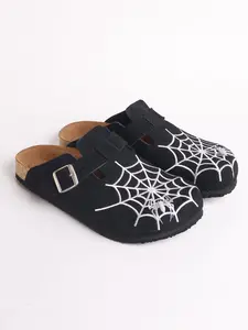 Spider Web Embroidered clogs shoes for Men, Casual Non Slip Mules Durable Cowhide Slippers, Less Than Ankle Height, Rubber Sole, All Seasons Footwear