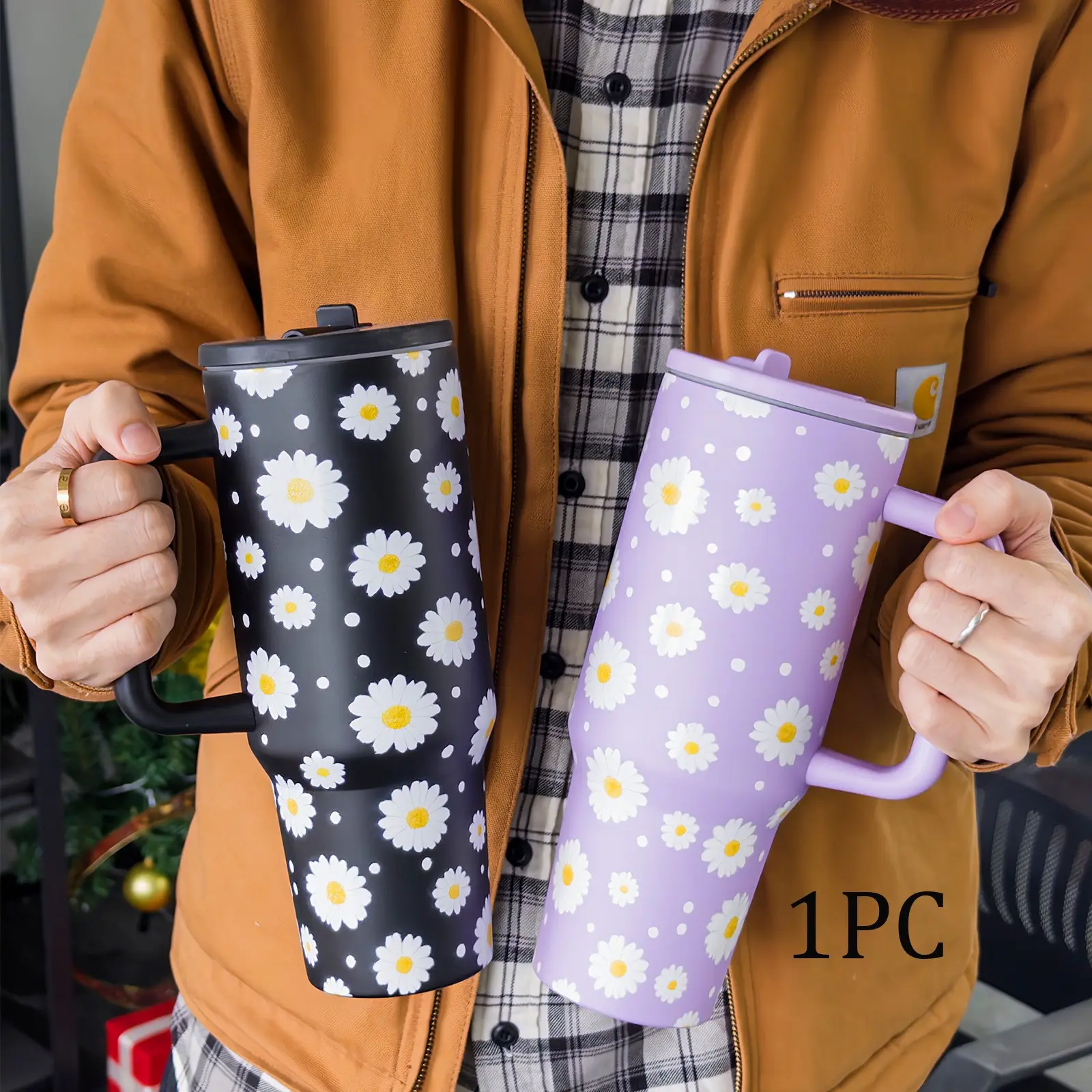 40oz Daisy Car Tumbler with Handle, Insulated Cup, Ins Floral Travel Mug for Hot & Cold Drinks, Large Capacity Fits Car Cup Holder, Leak Resistant Lid, Tumbler Drinkware, Mother's Day Gift for Women