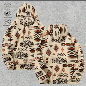 Men's Hooded Ethnic Geometric All Over Print Fleece Pullover Hoodie, Longsleeves Vintage Casual Fitted Sweatshirt with Drawstring Hood, Adjustable Elastic Cuffs, Soft Skin-Friendly Fabric