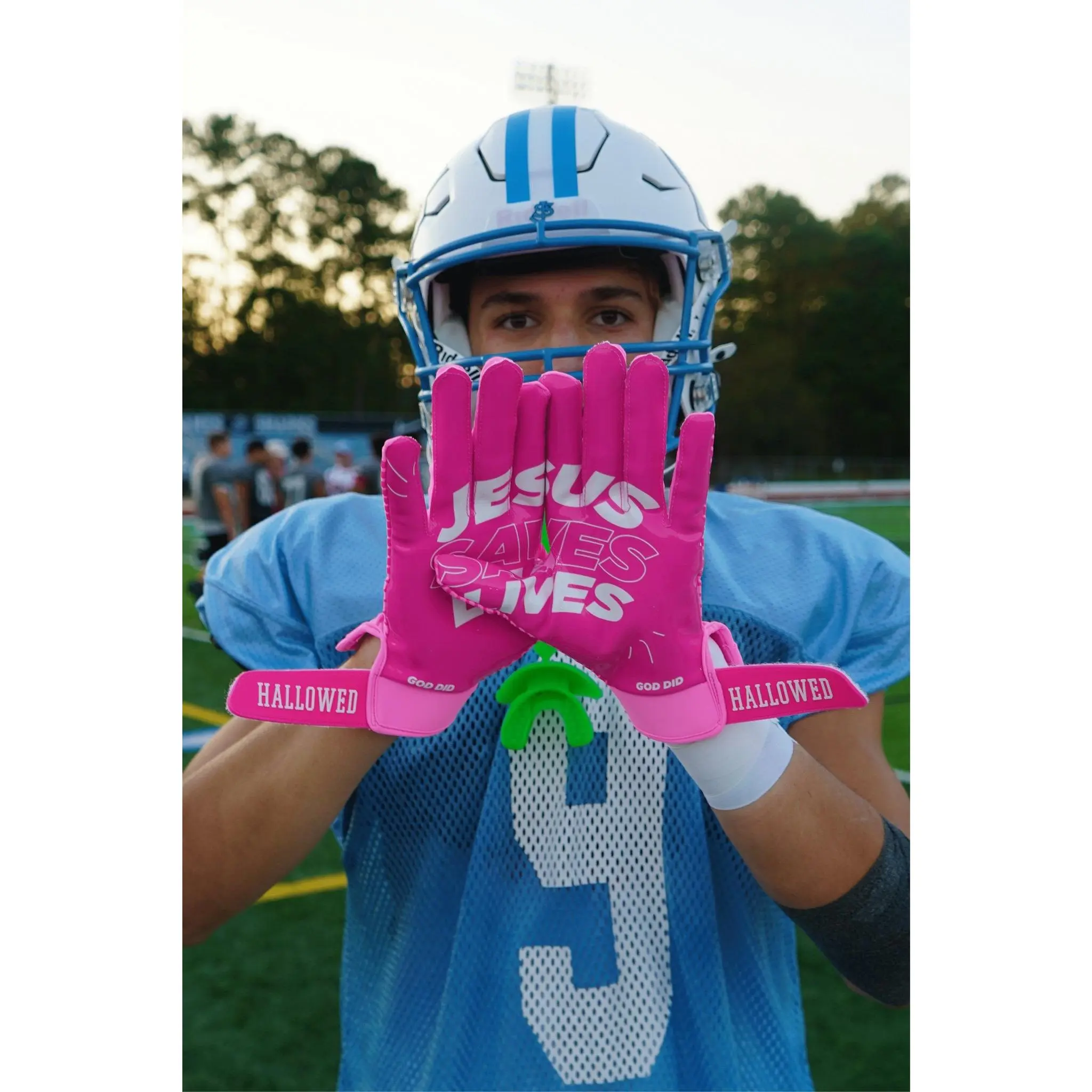 Pink “Jesus Saves Lives” Football Gloves