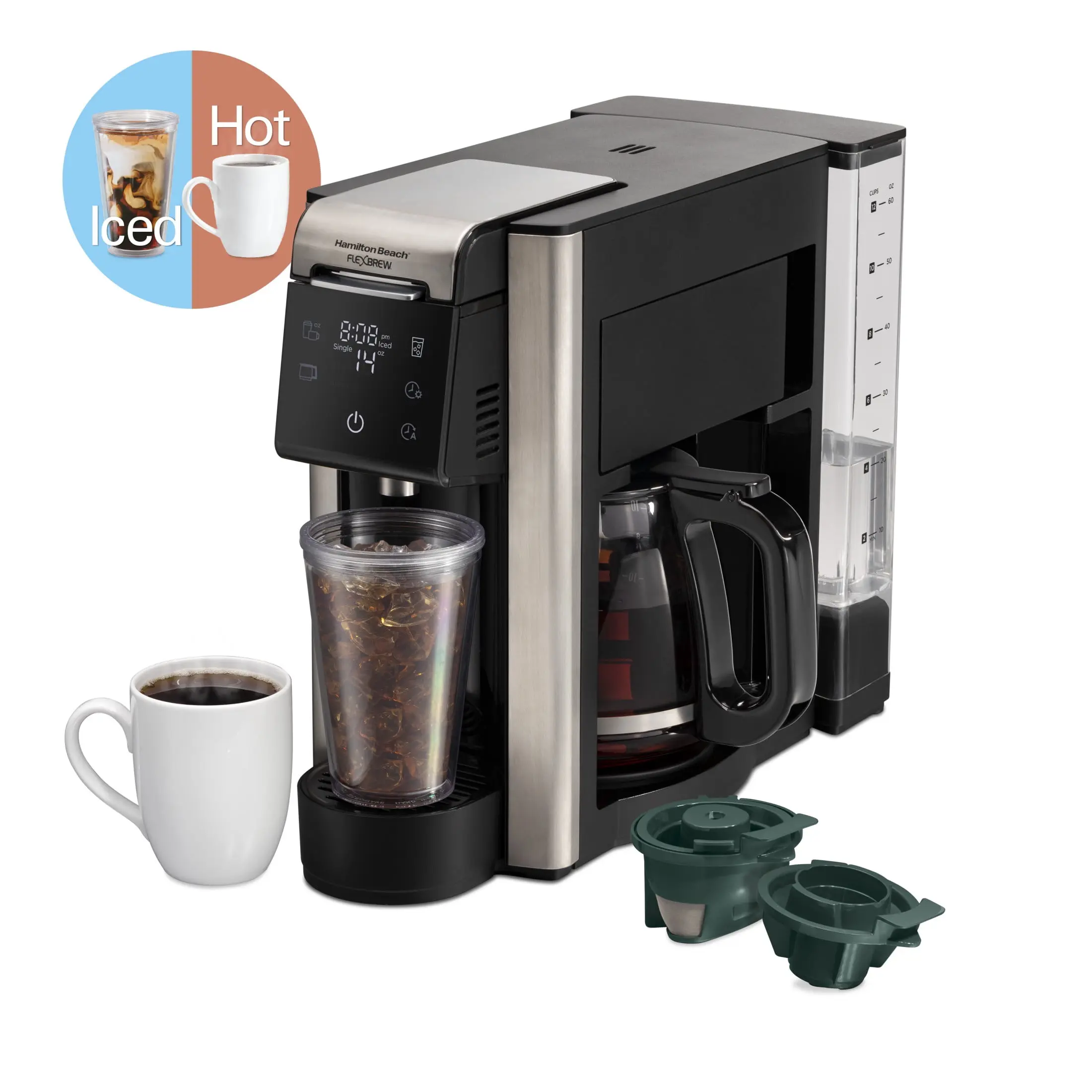 Hamilton Beach FlexBrew 5-in-1 Coffee Maker, Hot or Iced, Single Serve Pod or Coffee Grounds, 12 Cup Coffee Pot, Black