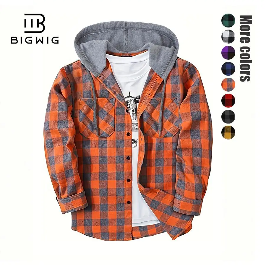Men's Soft Flannel Hooded Shacket, Fashion Menswear Long-Sleeve Plaid Tops with Pockets, Casual Classic Checkered Outerwear, Checked