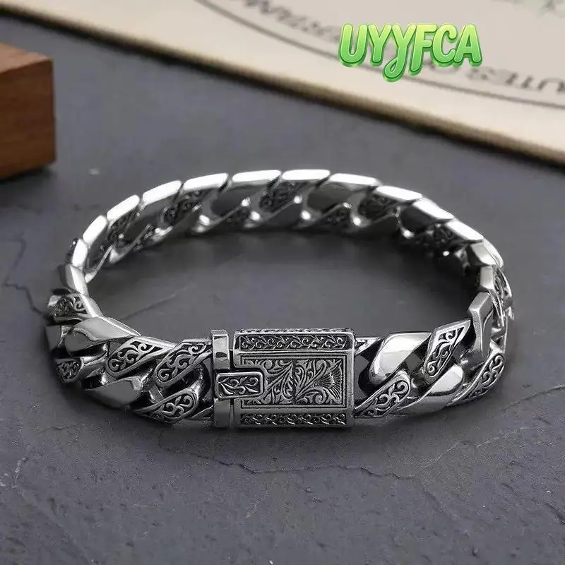 UYYFCA Men's Vintage Punk Cuban Link Bracelet, Stainless Steel with Engraved Pattern and Ornate Clasp, Durable Anti-Tarnish Jewelry for Daily Wear and Casual Parties The best gift for men beach outfits summervibes tiktokshopbacktoschool
