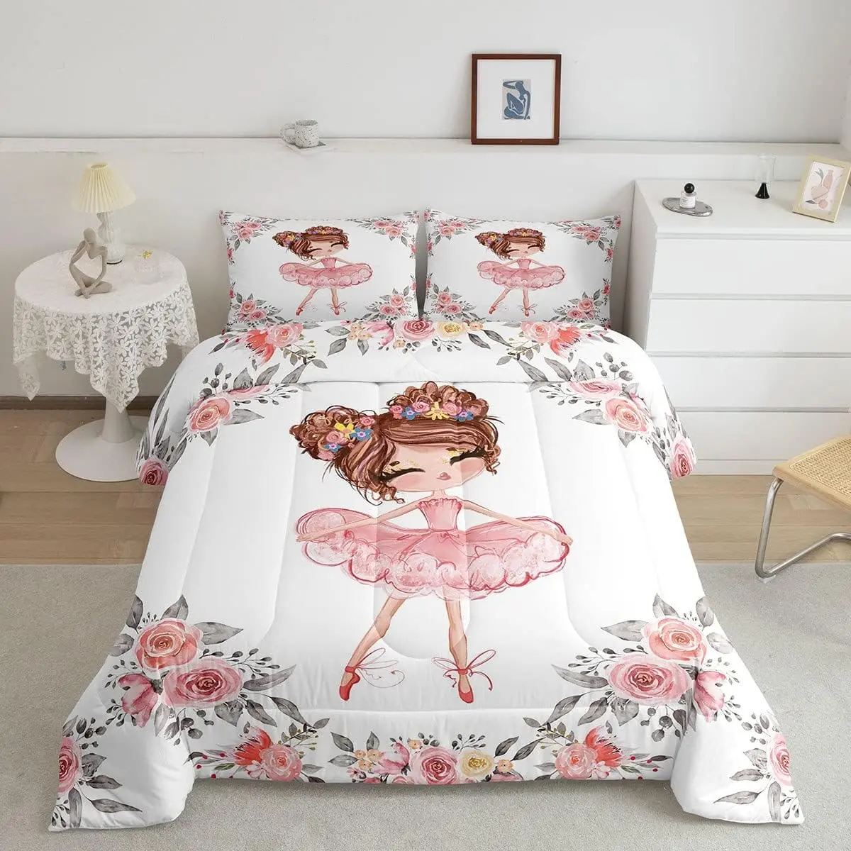 Ballet Comforter Set for Girls,Ballerina Design Bedding,Cute Little Dancers Duvet Set,Rose Flower Print Quilts,Love Gymnastics Bedding
