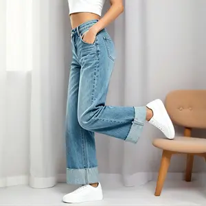 Women's High Waisted Baggy Wide Leg Denim Jeans - Stretchy, Roomy, Deep Folded Cuffed Hem Relaxed Fit Bottoms - Minimalist Streetwear Clothes for Lady, Church Outfits