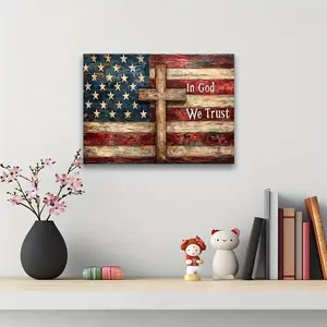In God We Trust Wooden Framed Canvas Wall Art, Vintage Distressed American Flag Wooden Cross Patriotic Religious Decor For 4th Of July Independence Day Living Room Farmhouse
