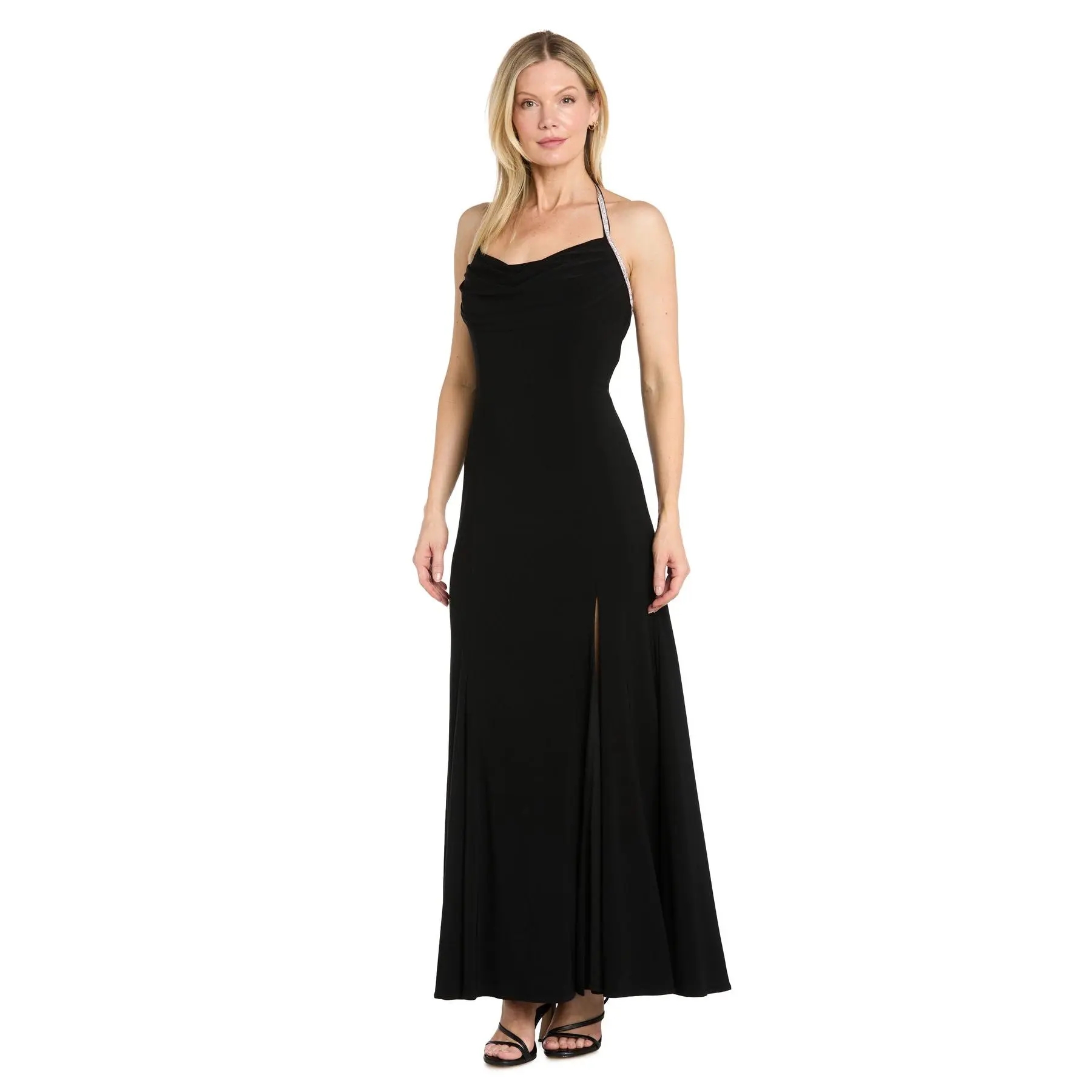 Evening Gown with Subtle Rhinestone Straps and Open Back - Petite