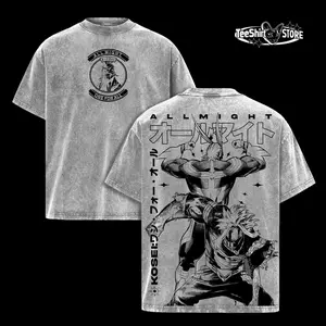 All Might x Bakugo Tee – My Hero Academia Vintage Washed Oversized Heavy Cotton Anime T-Shirt, Hero Duo Manga Graphic Streetwear Top for MHA Fans