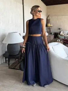 Fashion Women's Denim Two-Piece Set, Sleeveless Short Vest + High Waist Pleated Long Skirt, Casual Street Style, Streetwear, Womenswear