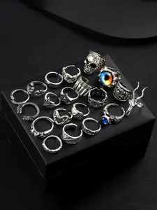 20-Piece Vintage Unique Silvery Punk Style Ring Set, Skull Snake Star Heart Design, Perfect for Daily Party Vacation Music Festivals Gifts