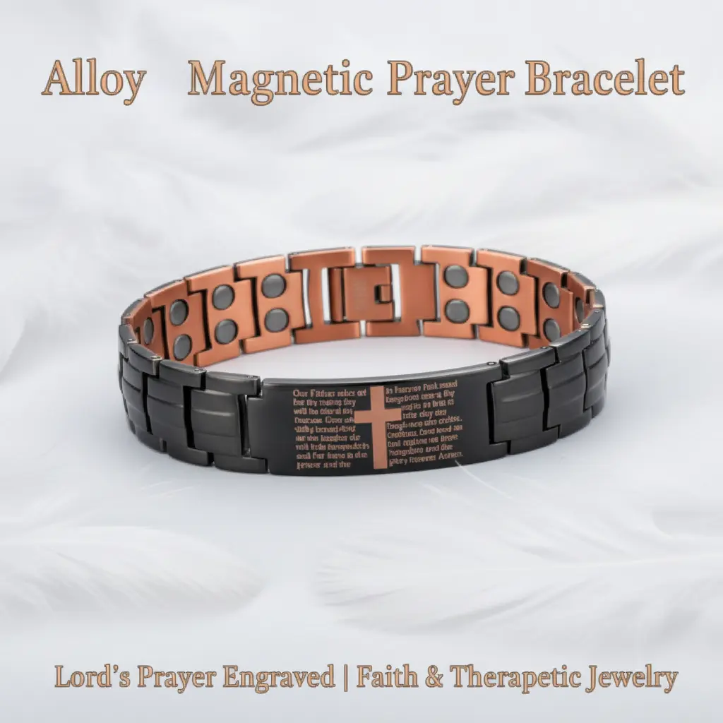 The "Lord's Prayer" Magnetic Bracelet for Men — Black Steel & Copper Design with Adjustable Clasp!  Wear Your Faith Daily + Soothe Fatigue with Powerful Magnets.  Scratch-Proof, Hypoallergenic & Sweat-Resistant. Perfect Gift for Fathers, Husbands & Believ