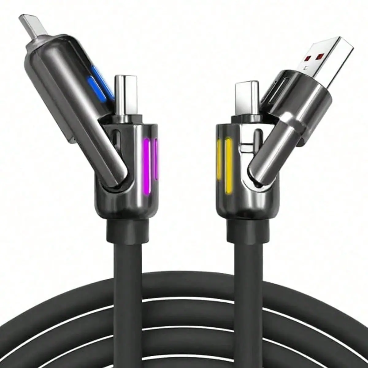 240W 4-in-1 Heavy-Duty Mobile Charging & Sync Cable (6.6FT) - USB A/C to C/Lightning, Alloy Adapter, LED Light for iPhone 17-14 Pro Max, M5 MacBook, iPad, Samsung S25, Switch, PS5