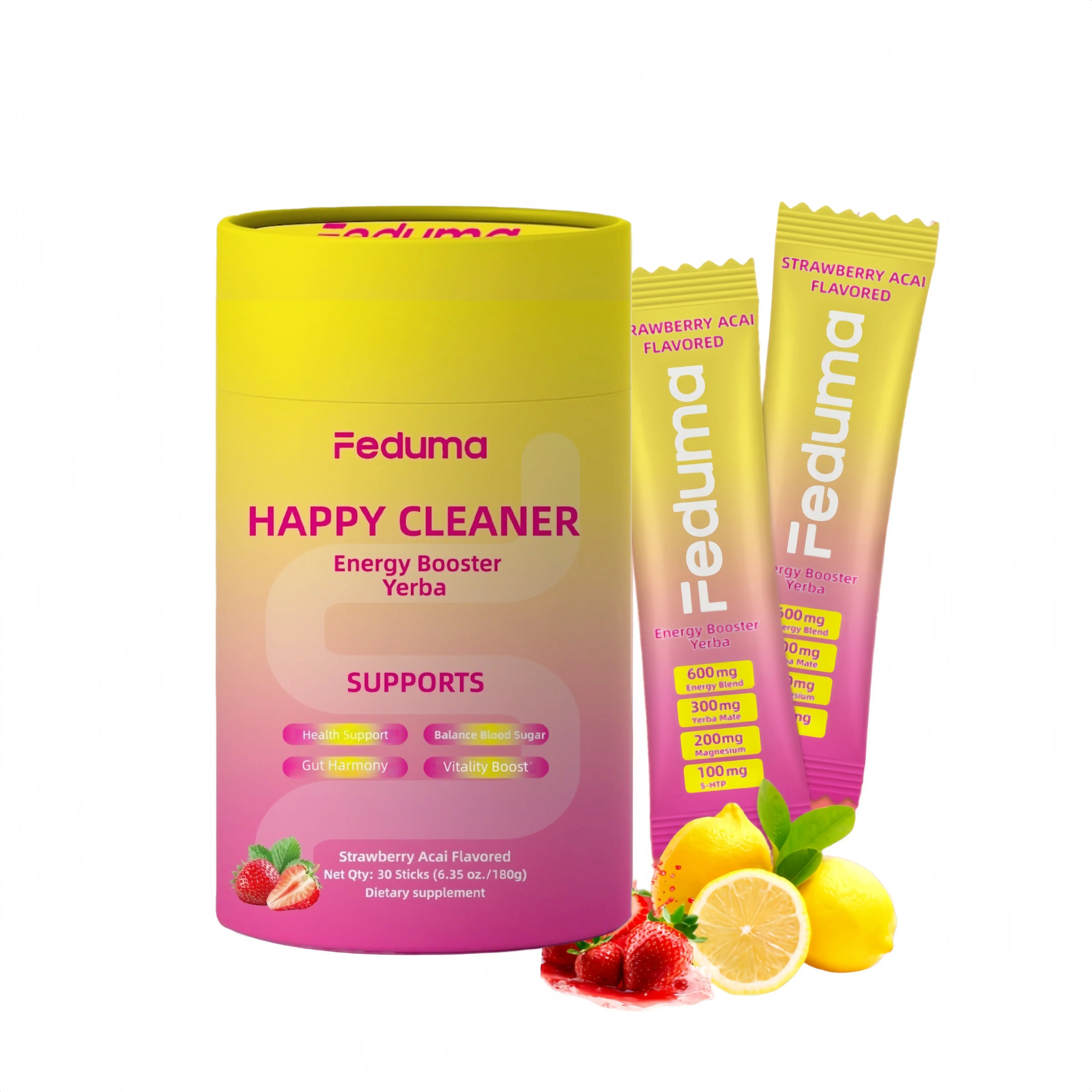 Feduma Happy Cleaner Drink Mix | Berberine, Chromium, 5-HTP, Yerba Mate & Magnesium | Strawberry Acai Flavor | 30 Servings