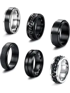 6 Pcs 6/8 MM Black Spinner Rings for Men Women Stainless Steel Fidget Ring Anxiety Stress Relieving Cool Chain Fashion Stackable Rings Set Wedding Promise Band Rings Size 7-13