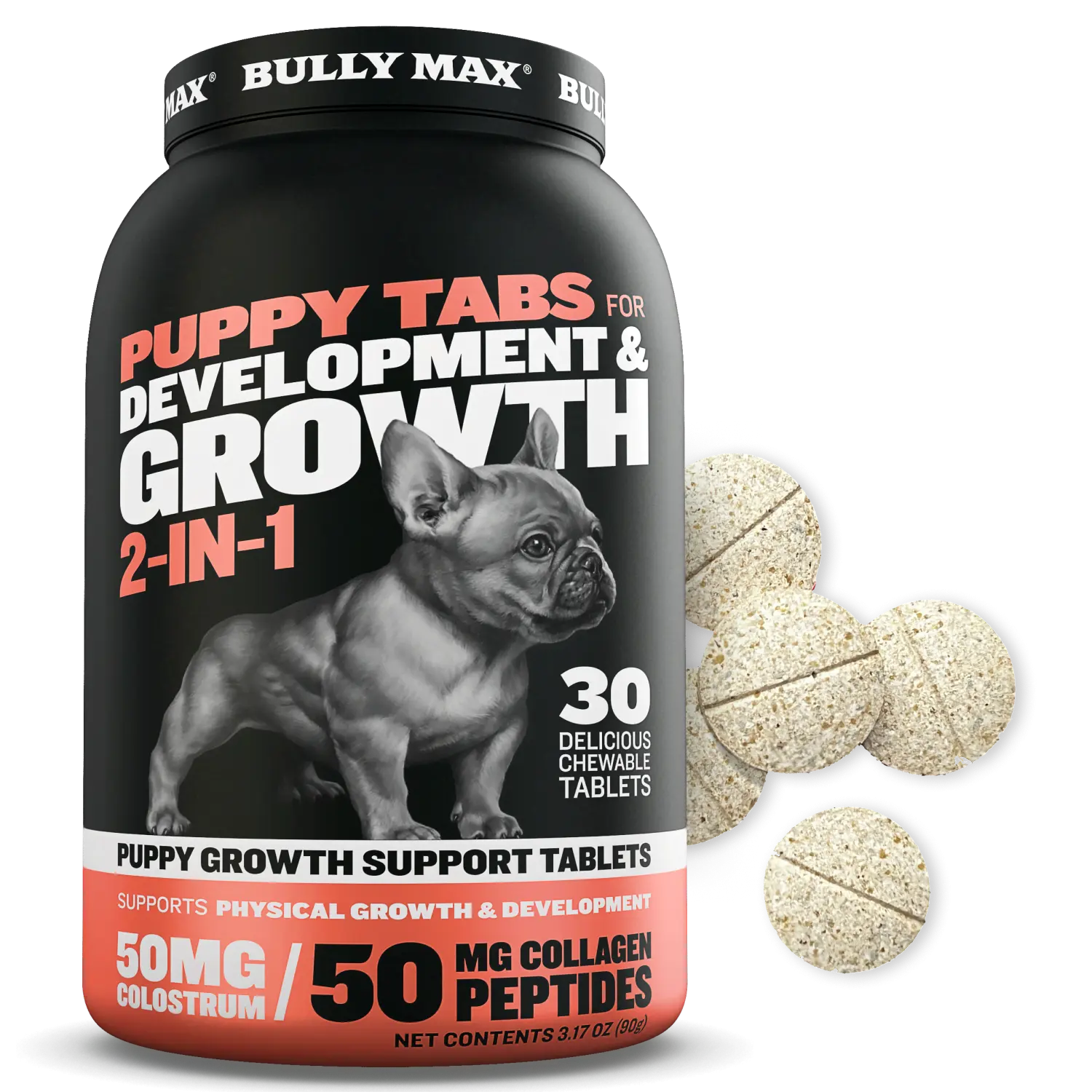 Bully Max 2-in-1 Puppy Tabs for Growth (30 tabs) - Development & Growth Support for Muscle Growth, Immunity, and Wellness - 9,000x Stronger Immune Boost Than Vitamin C