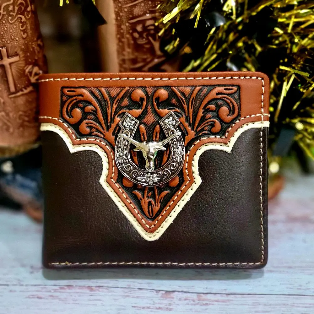Longhorn Western wallet genuine leather short bi-fold concho and embossed leather with coin pocket