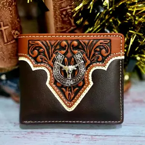 Longhorn Western wallet genuine leather short bi-fold concho and embossed leather with coin pocket