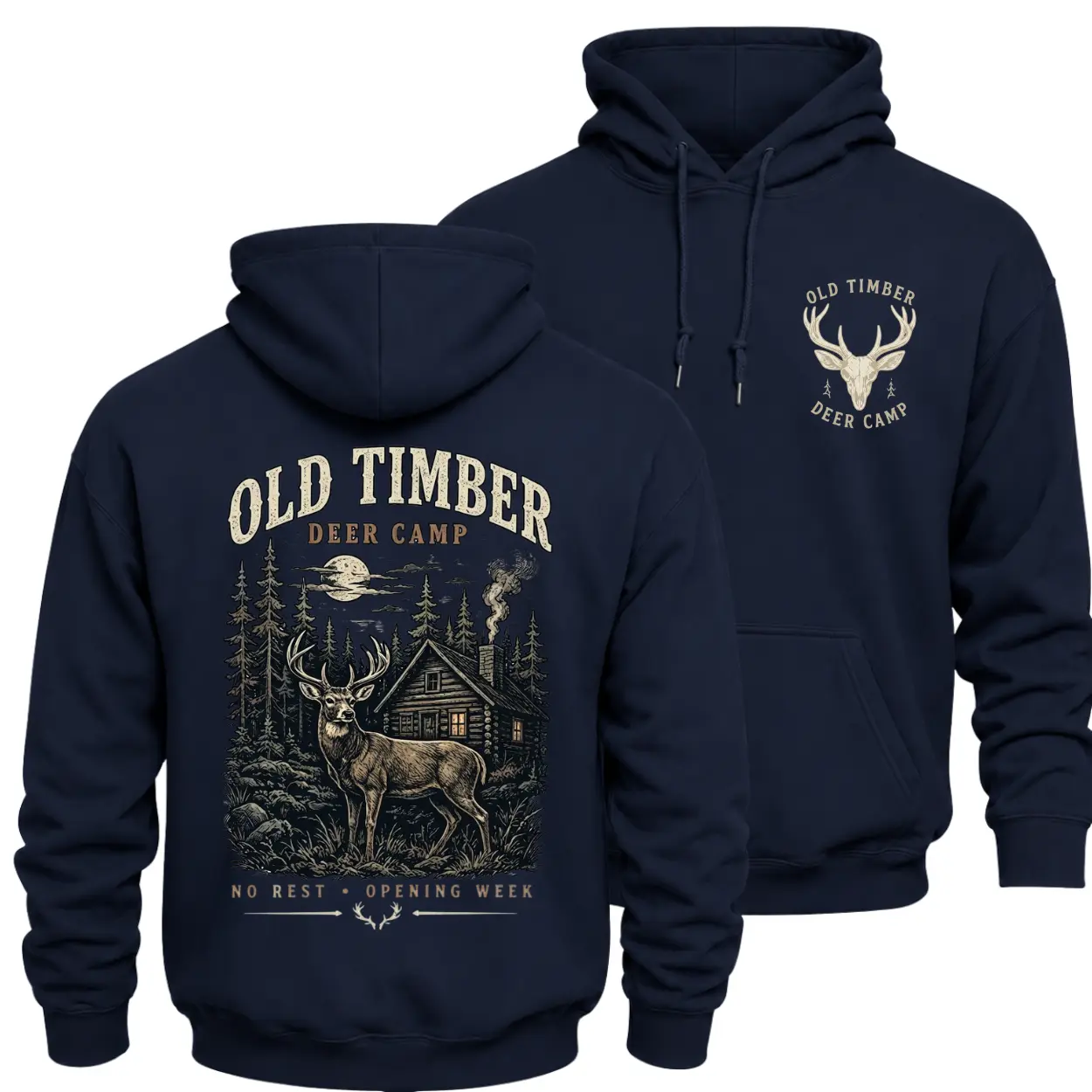 Old Timber Deer Camp Hoodie, Opening Week Cabin Graphic Pullover, Woodland Sportsman Apparel, Fall Winter Outdoor Gift for Men and Women