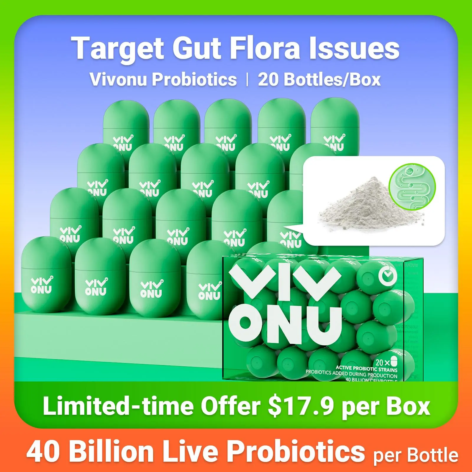 【LAST-CHANCE】VivoNU Probiotics | 40 Billion CFU | Individually Wrapped Green Bottle | Promotes Digestive Health | Natural Ingredients | 20 Bottles | Easy to Use | For Everyday Health Care