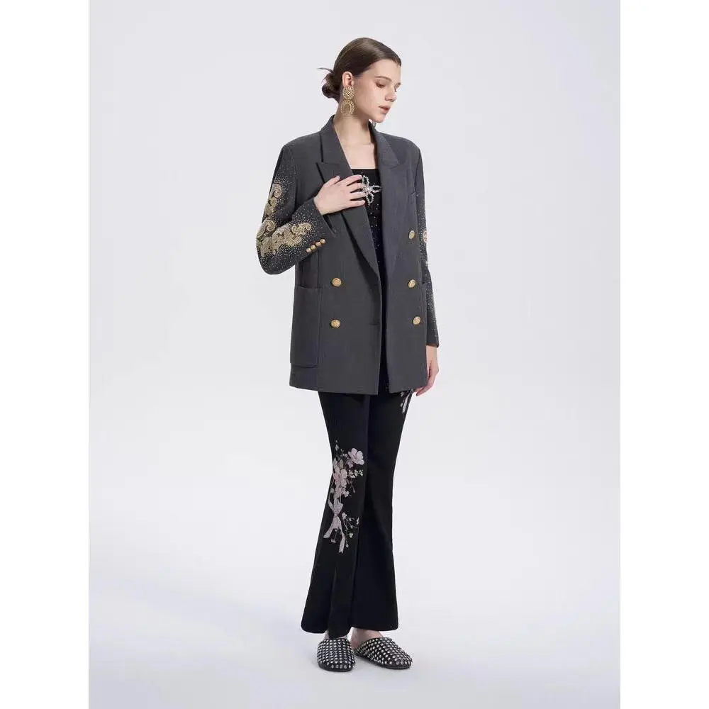 TCH Rhinestone Double Breasted Sparkling Graphic Blazer | Grey
