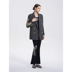 TCH Rhinestone Double Breasted Sparkling Graphic Blazer | Grey