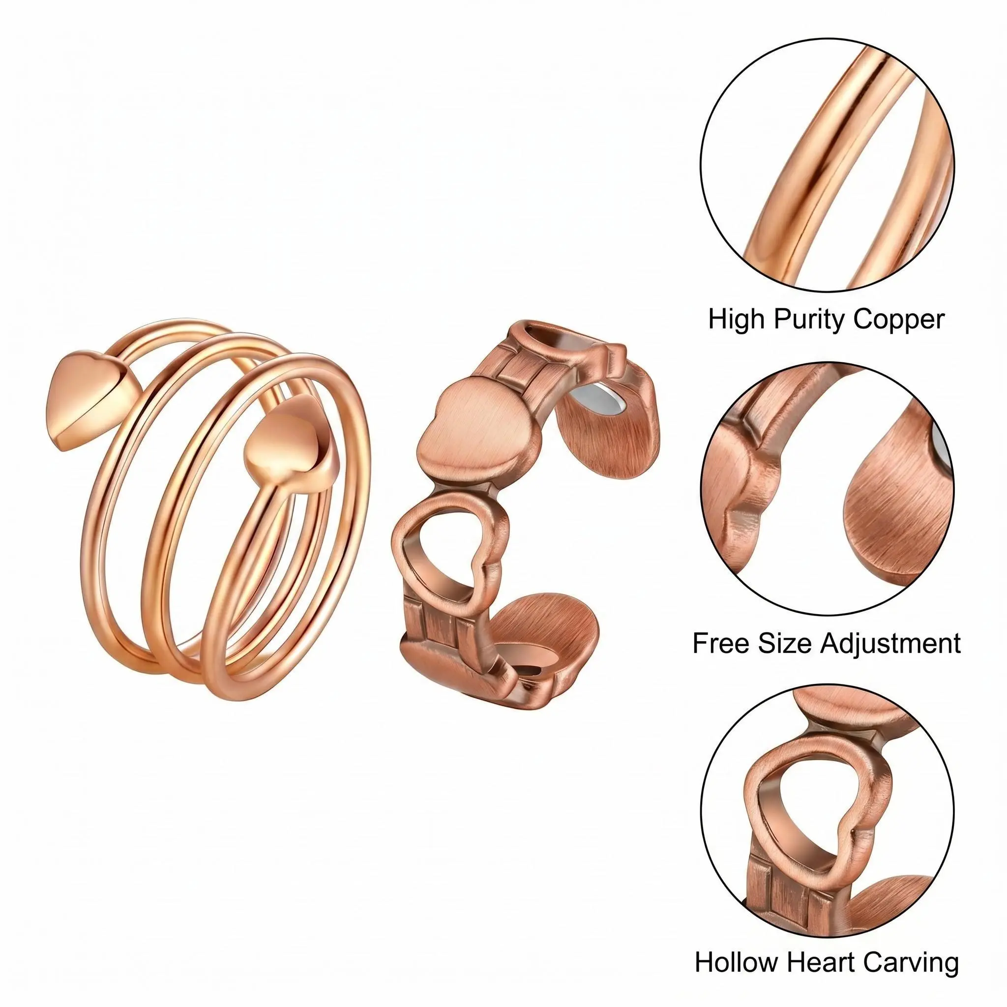 99.9% Pure Copper Magnetic Rings (2-Pack) - Unisex Real Copper Jewelry, Hollow Metal Heart Sizer Adjuster Rings, Free Size Healing Accessory Gift for Men & Women, Finger Jewelry, Two 99.9% Pure Copper Magnetic Rings