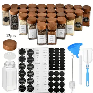12-Pack 4Oz Acacia Wood Square Spice Jars with Glass Condiment Containers and Wooden Lids for Home Organization, Kitchen Storage, and Food Supply, Food Storage Organizer, Seasoning Jars Containers