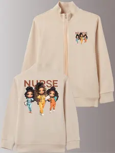 Nurse-Themed Cartoon Print High Neck Zipper Jacket, Long Sleeve Casual Coat, Soft Comfortable Knit Fabric, Perfect Nurse Gift
