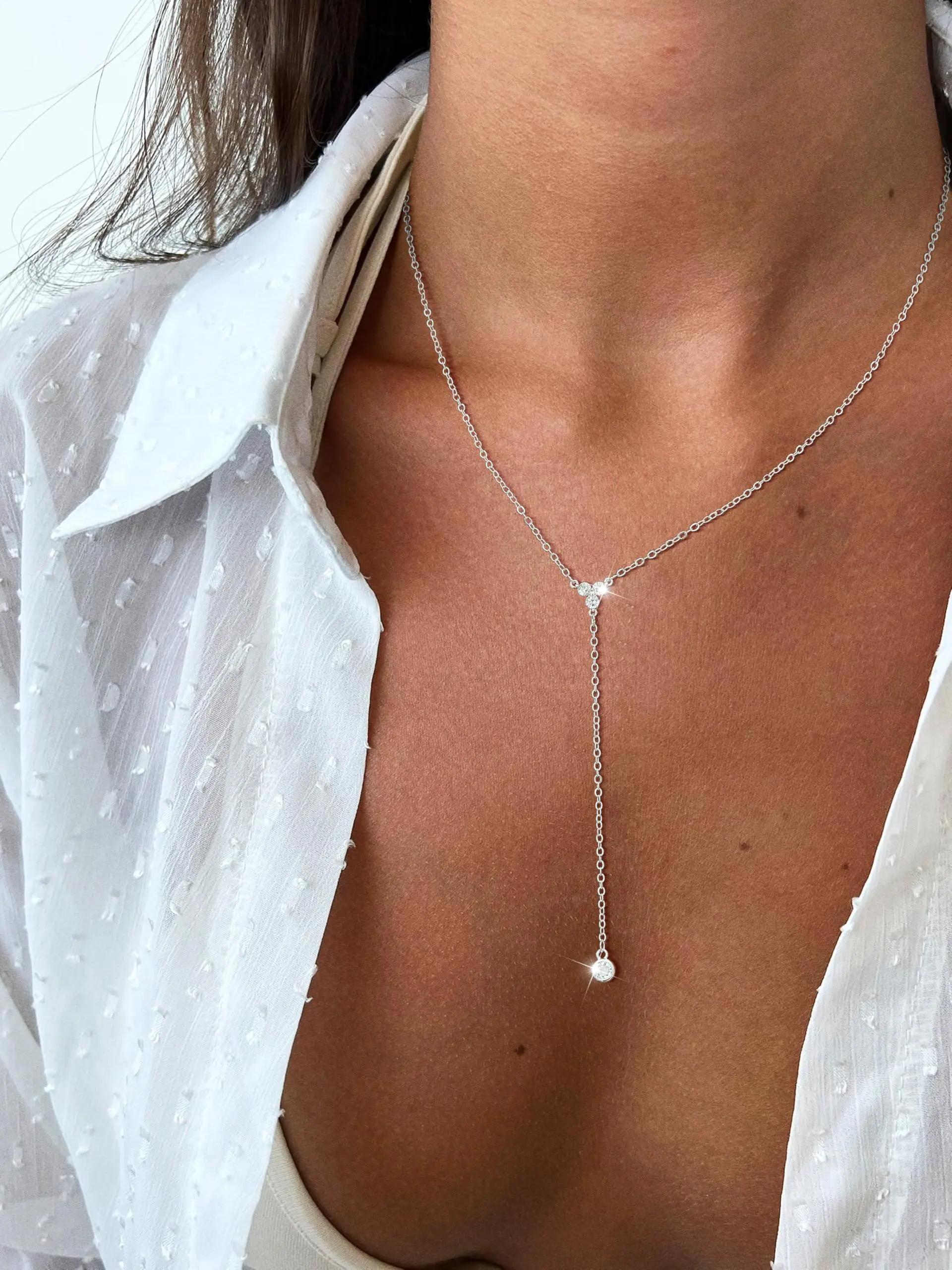 Womens Sterling Silver Dainty CZ Lariat Necklace Triple CZ Cluster Y-Shaped Necklace