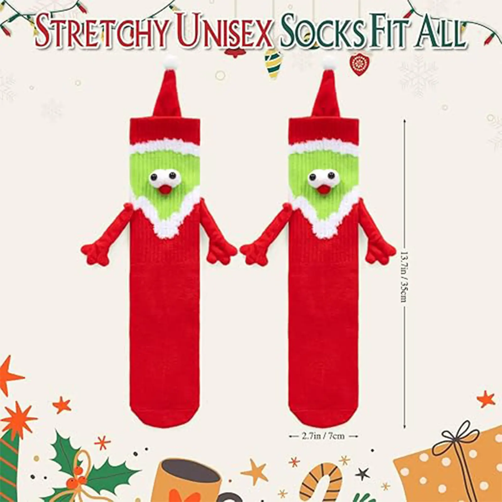 Magnetic Holding Hands Christmas Socks for Couples, Funny 3D Cartoon Elf Novelty Xmas Socks, Matching Family Holiday Socks for Adults Kids, Cute Valentine Gag Gift