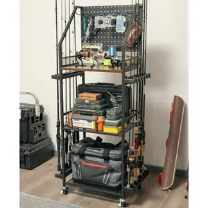 Fishing Rod Holders for Garage, Fishing Pole Holders Up to 12 Rods with Pegboard and Hooks,Rolling Fishing Cart with Wheels, Fishing Gear Storage For Tackle Box & Reel Organization