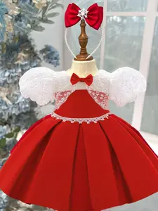 Baby Girl's Colorblock Bow Decor Mesh Dress without Headband, Elegant  Short Sleeve Princess Peach Poofy Dress for Party, Kids Clothes for All Seasons, Baby Clothing