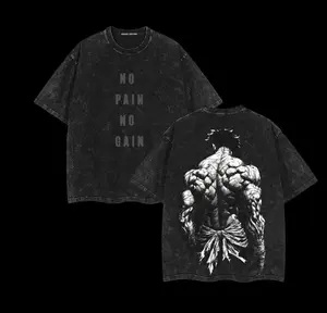 Gym Shirt Baki Pump Cover Anime Double Printed Vintage Washed Tee Unisex Oversize Anime Manga Washed Heavyweight Cotton T-shirt, Anime Gymwear for Otaku & Fighters