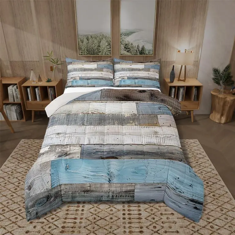 Feelyou Rustic Stripes Distressed Patchwork Duvet Set - Queen Duvet Cover, Western Farmhouse Old Barn Look, Blue Grey, Multi-Size Soft Microfiber, U-Stitching, Lightweight Breathable, Machine Washable, Quick Decor Swap, Travel-Friendly Bedding for Kids, C