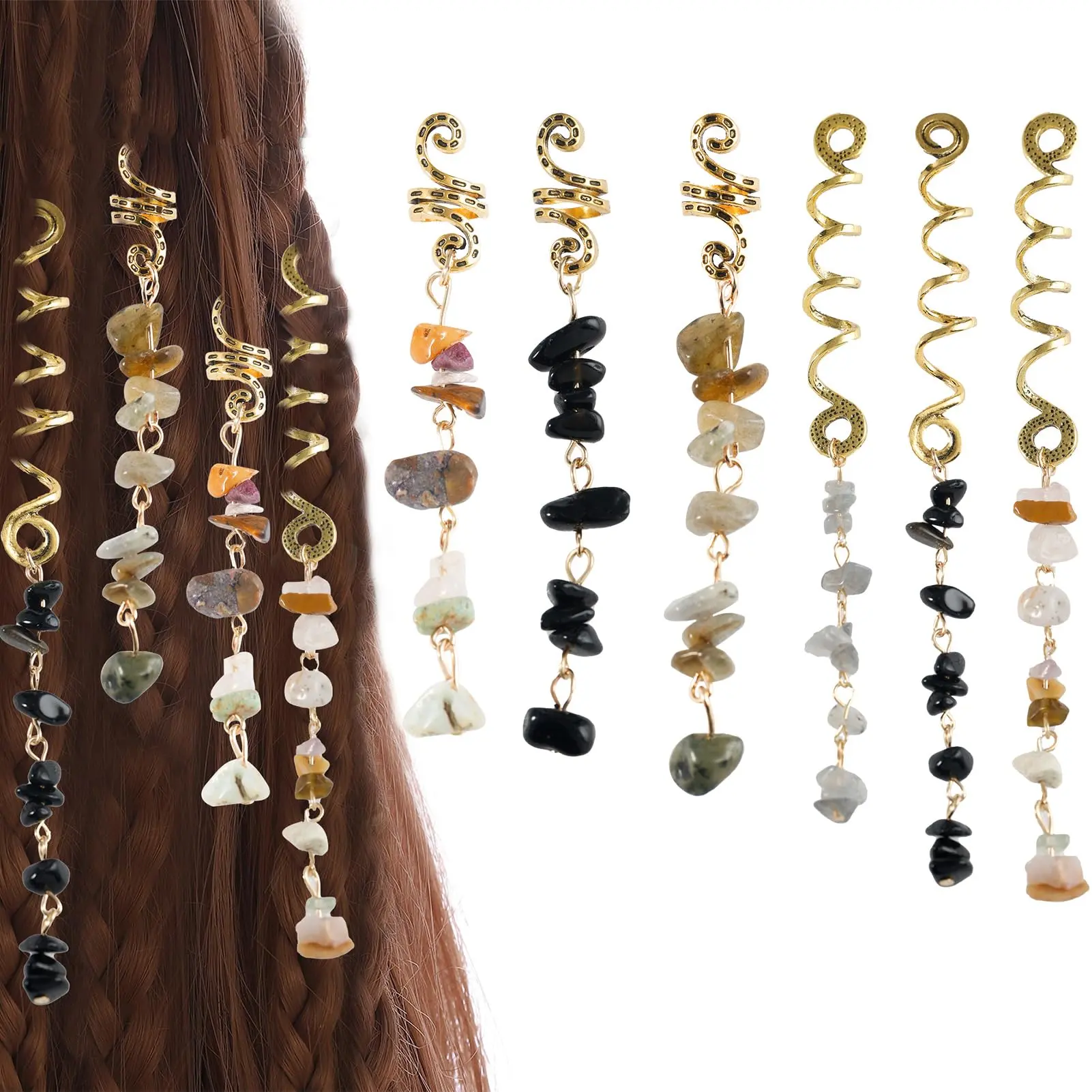 Natura Stone Hair Charms for Braids - 6 Braided Hair Accessories in Black with High-Quality Alloy, Retro Production Technology, Pack of 6