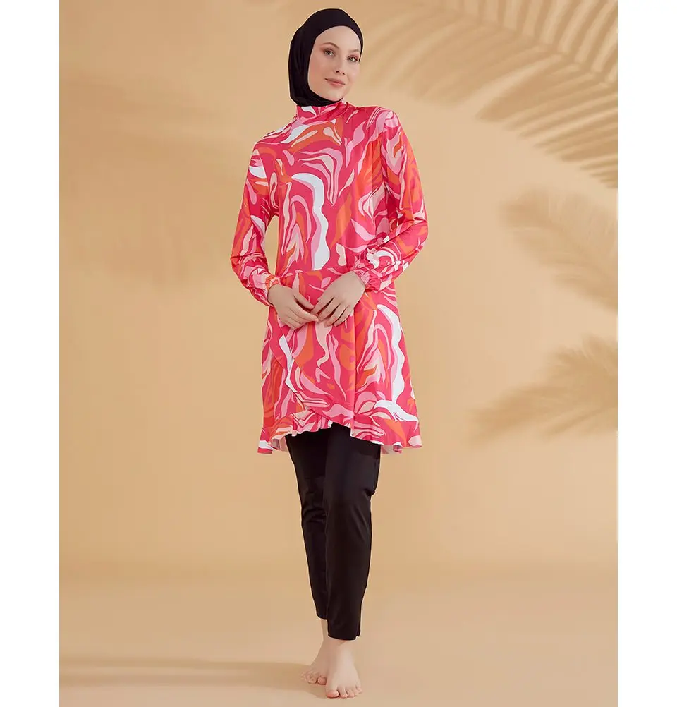 Women's Two Piece Full Coverage Modest Swimsuit - M2322 Retro Pink