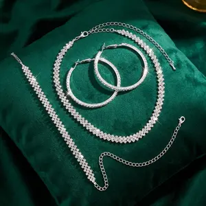 Women's Elegant Rhombus Jewelry Set | Sparkling Crystal Silver-Toned Necklace Earrings Bracelet