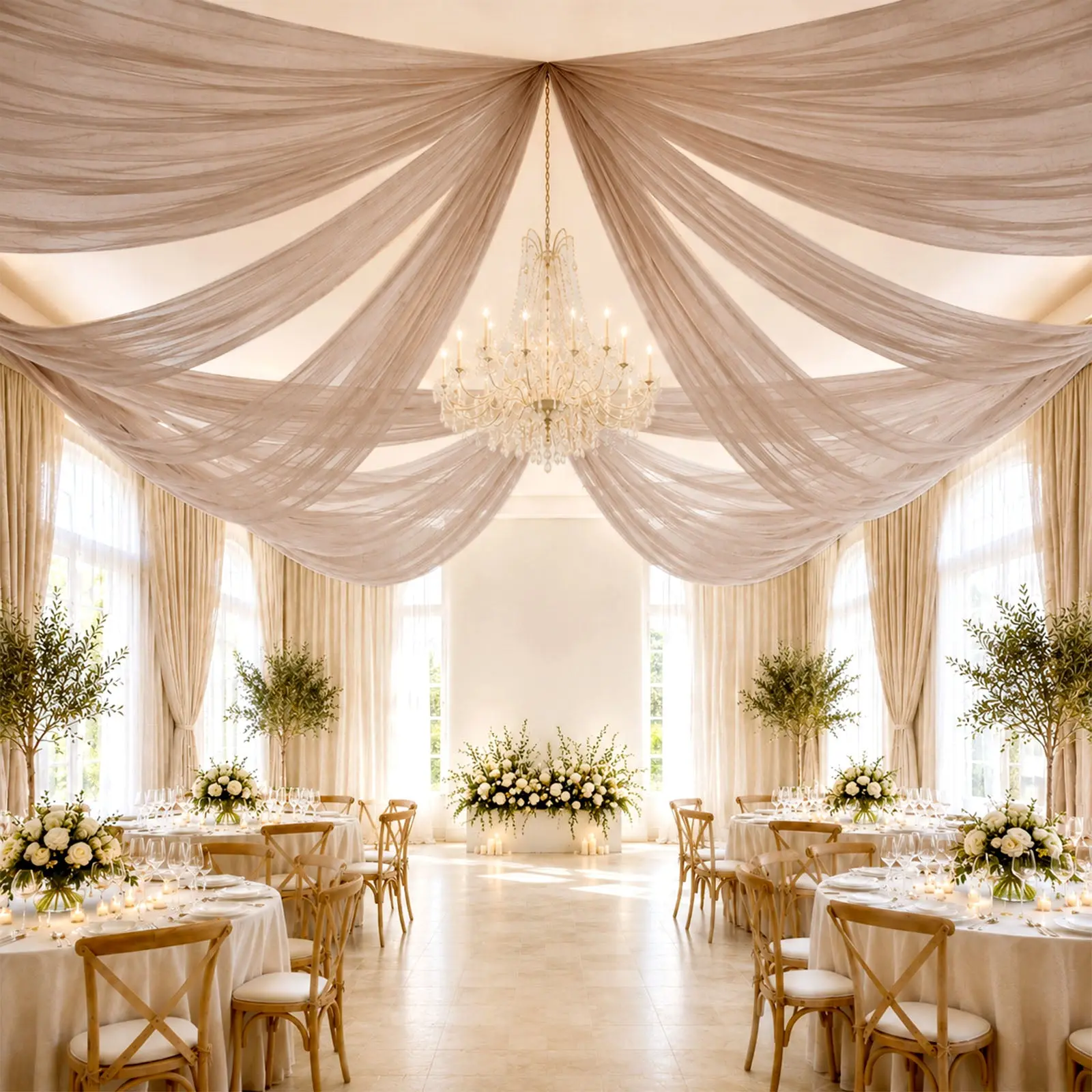 Taupe Sheer Ceiling Drape – 10ft x 32ft Extra Long Drapery Panel for Wedding Canopy, Backdrop & Reception Décor